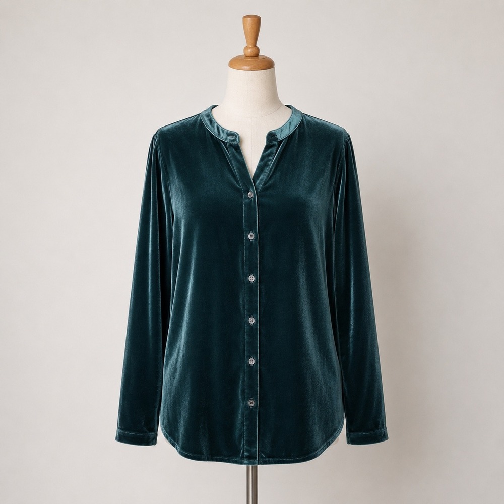 Lands End Velvet Long Sleeve Button Front Shirt Top Green Plus Size 1X 16W 18W
